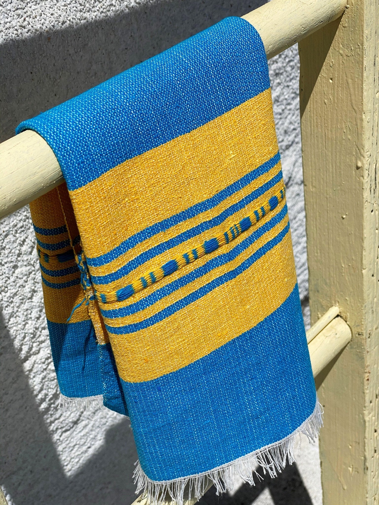 Valle Striped Cotton Hand Towel - Cozumel Blue + Maiz Yellow