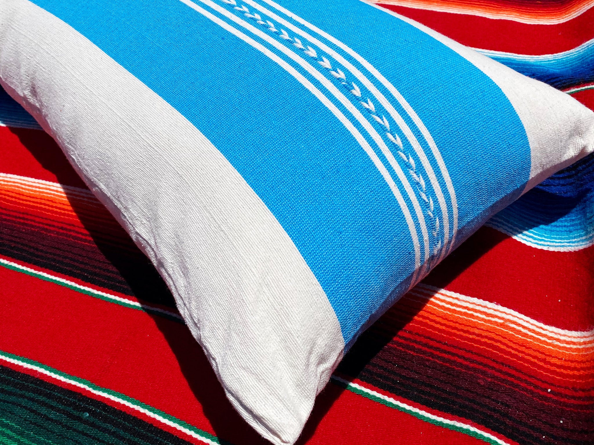 Long Lumbar Pillow in Cozumel Sky Blue and Natural